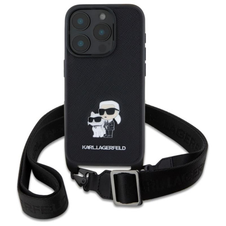 Karl Lagerfeld Saffiano Karl & Choupette Metal Pin CBDY Strap - Etui iPhone 16 Pro (czarny) (KLHCP16LSAKCPBK)