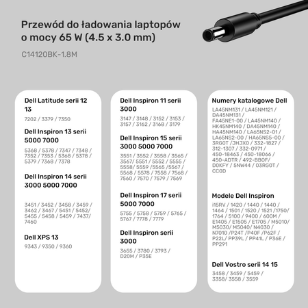 Kabel zasilający do laptopa Dell 65W USB-C - DC4,5 - czarny (C14120BK-1.8M)