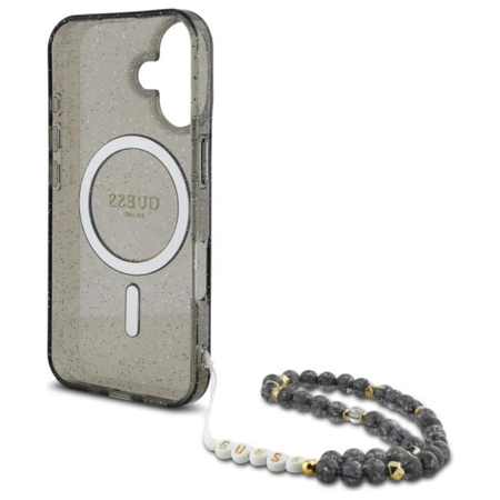 Guess IML Glitter With Pearl Strap MagSafe - Etui iPhone 16 (czarny) (GUHMP16SHGCRELSK)