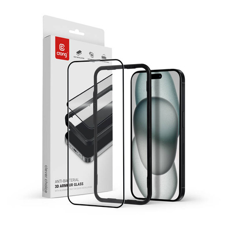 Crong Anti-Bacterial 3D Armour Glass - Szkło hartowane 9H Full Glue do iPhone 16 Plus / iPhone 15 Plus + ramka instalacyjna (CRG-AB3DAG-IP15PL)