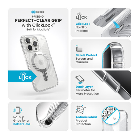 Speck Presidio Perfect-Clear Grip ClickLock & MagSafe - Etui iPhone 16 Pro (Clear / Chrome Finish / Serene Silver) (150704-3199)
