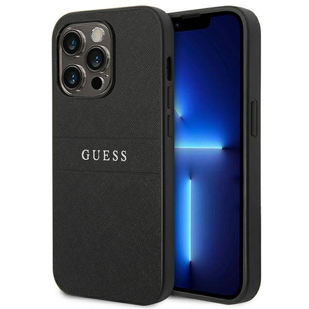 Guess Saffiano Metal Logo Stripes - Etui iPhone 14 Pro (czarny) (GUHCP14LPSASBBK)