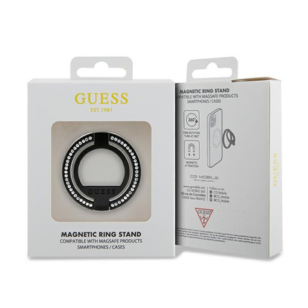 Guess MagSafe Ring Stand Rhinestone - Magnetyczny uchwyt na palec do telefonu z funkcją standu (Czarny) (GUMRSALDGK)
