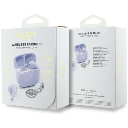 Guess Glossy Effect Printed Classic Logo & Charm - Słuchawki Bluetooth TWS + etui ładujące (lawendowy) (GUTWSXMCCLU)