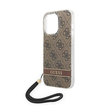 Guess 4G Print Cord - Etui ze smyczką iPhone 14 Pro Max (brązowy) (GUOHCP14XH4STW)