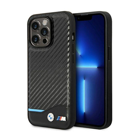 BMW Leather Carbon Blue Line – Etui iPhone 14 Pro (Czarny) (BMHCP14L22NBCK)