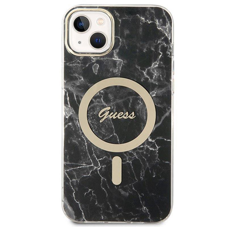 Guess Bundle Pack MagSafe IML Marble - Zestaw etui + ładowarka MagSafe iPhone 14 Plus (czarny/złoty) (GUBPP14MHMEACSK)