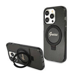 Guess Ring Stand Script Glitter MagSafe - Etui iPhone 15 Pro (czarny) (GUHMP15LHRSGSK)