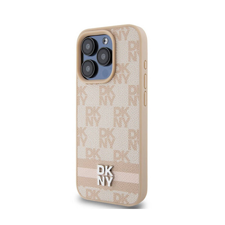 DKNY Leather Checkered Mono Pattern & Printed Stripes - Etui iPhone 15 Pro Max (różowy) (DKHCP15XPCPTSSP)
