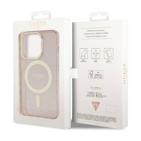 Guess Glitter Gold MagSafe - Etui iPhone 14 Pro (Różowy) (GUHMP14LHCMCGP)