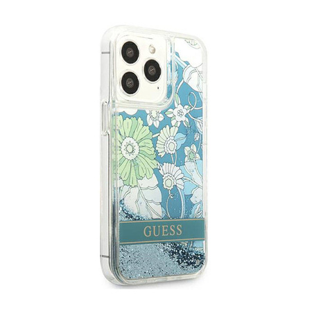 Guess Liquid Glitter Flower – Etui iPhone 13 Pro Max (niebieski/zielony) (GUHCP13XLFLSN)
