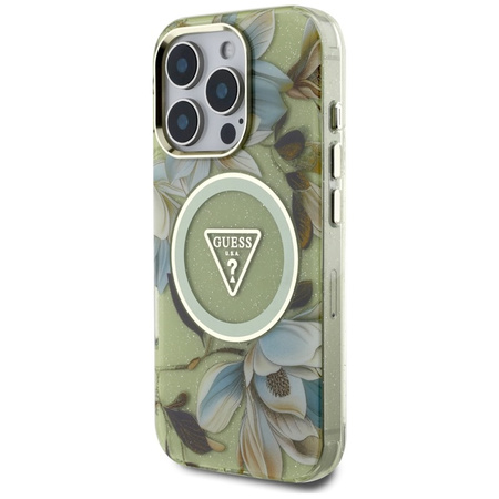 Guess Glitter Flowers Triangle Buttons MagSafe - Etui do iPhone 16 Pro (zielony) (GUHMP16LHFLPEDN)