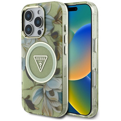 Guess Glitter Flowers Triangle Buttons MagSafe - Etui do iPhone 16 Pro (zielony) (GUHMP16LHFLPEDN)