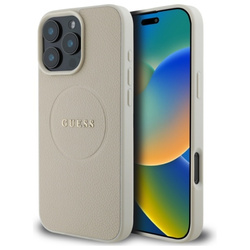 Guess Grained Ring MagSafe - Etui iPhone 16 Pro Max (beżowy) (GUHMP16XPGHSMME)