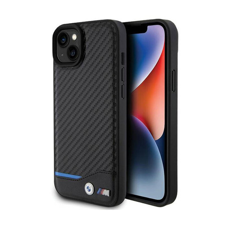 BMW Leather Carbon Blue Line - Etui iPhone 15 Plus (czarny) (BMHCP15M22NBCK)