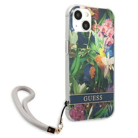 Guess Flower Cord - Etui ze smyczką iPhone 13 (Blue) (GUHCP13MHFLSB)