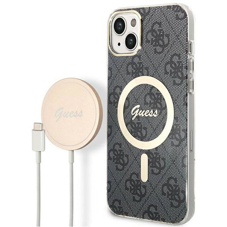 Guess Bundle Pack MagSafe 4G - Zestaw etui + ładowarka MagSafe iPhone 14 (czarny/złoty) (GUBPP14SH4EACSK)
