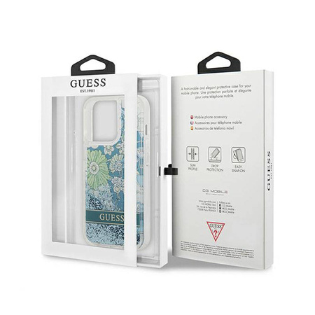 Guess Liquid Glitter Flower – Etui iPhone 13 Pro (niebieski/zielony) (GUHCP13LLFLSN)