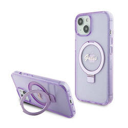 Guess Ring Stand Script Glitter MagSafe - Etui iPhone 15 Plus (fioletowy) (GUHMP15MHRSGSU)