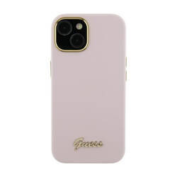 Guess Silicone Script Metal Logo & Frame - Etui iPhone 15 Pro (różowy) (GUHCP15LSMBSLP)