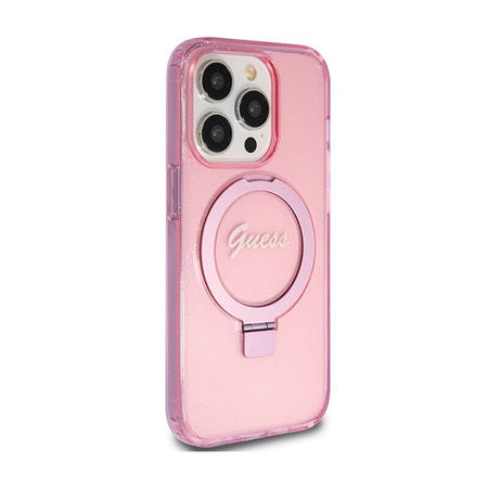 Guess Ring Stand Script Glitter MagSafe - Etui iPhone 15 Pro (różowy) (GUHMP15LHRSGSP)