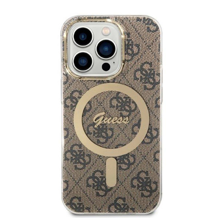 Guess Bundle Pack MagSafe 4G - Zestaw etui + ładowarka MagSafe iPhone 14 Pro Max (brązowy/złoty) (GUBPP14XH4EACSW)