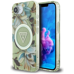Guess IML Metal Glitter Flowers Triangle MagSafe - Etui do iPhone 16e (zielony) (GUHMPSE4HFLPEDN)