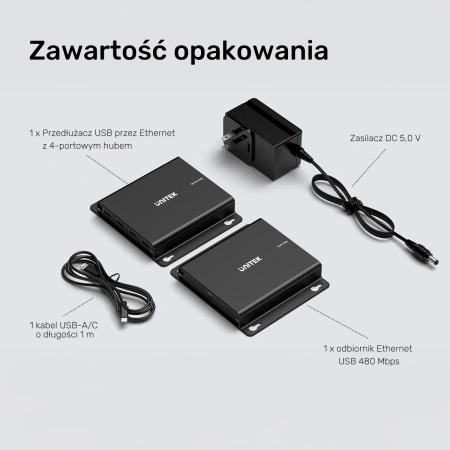 Unitek Przedłużacz USB-C na 4× USB-A przez Ethernet, zasięg do 150 m 480Mbps (U1222ABK01-EU)