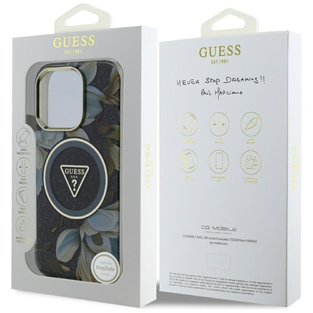 Guess Glitter Flowers Triangle Buttons MagSafe - Etui do iPhone 16 Pro (czarny) (GUHMP16LHFLPEDK)