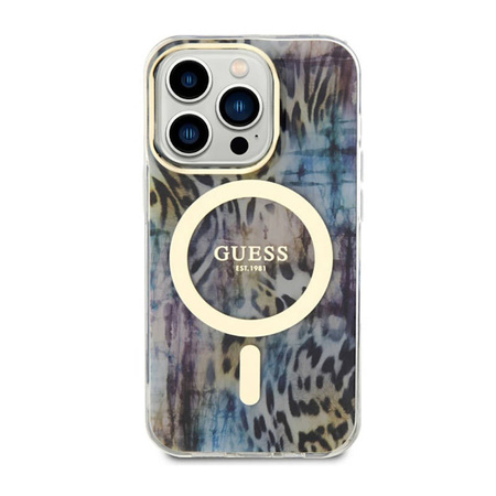 Guess Leopard MagSafe - Etui iPhone 14 Pro Max (Niebieski) (GUHMP14XHLEOPWB)