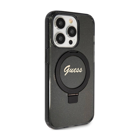 Guess Ring Stand Script Glitter MagSafe - Etui iPhone 15 Pro Max (czarny) (GUHMP15XHRSGSK)