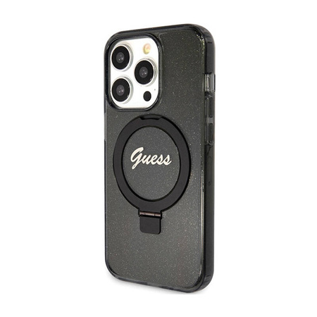 Guess Ring Stand Script Glitter MagSafe - Etui iPhone 15 Pro Max (czarny) (GUHMP15XHRSGSK)