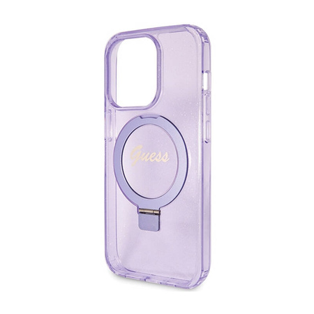 Guess Ring Stand Script Glitter MagSafe - Etui iPhone 15 Pro Max (fioletowy) (GUHMP15XHRSGSU)