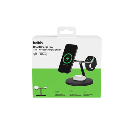Belkin Stacja do ładowania bezprzewodowego na iPhone, Apple Watch, AirPods, Qi2 15W, czarna (WIZ032KQBK)