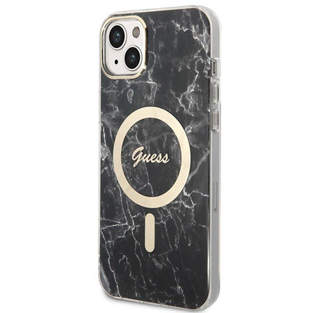 Guess Bundle Pack MagSafe IML Marble - Zestaw etui + ładowarka MagSafe iPhone 14 Plus (czarny/złoty) (GUBPP14MHMEACSK)