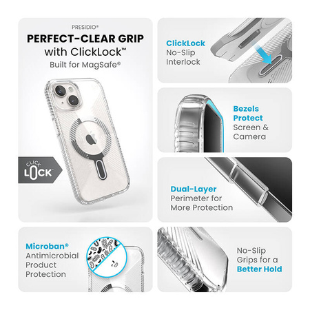 Speck Presidio Perfect-Clear Grip ClickLock & MagSafe - Etui iPhone 16e / iPhone 15 / iPhone 14 / iPhone 13 (Clear / Chrome Finish / Serene Silver) (150443-3199)