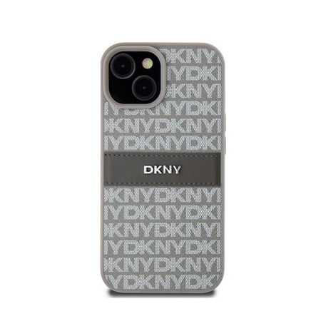 DKNY Leather Mono Stripe & Metal Logo - Etui iPhone 15 / 14 / 13 (beżowy) (DKHCP15SPRTHSLE)