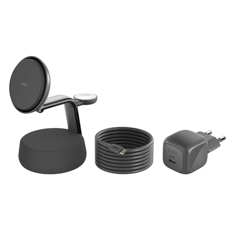 Belkin Ładowarka magnetyczna Qi2 25W, 3w1, zasilacz 45W, grafitowa (WIZ040KQCH)
