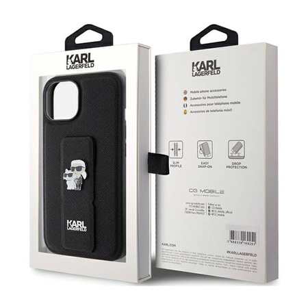 Karl Lagerfeld Gripstand Saffiano Karl & Choupette Pins - Etui iPhone 15 Plus (czarny) (KLHCP15MGSAKCPK)