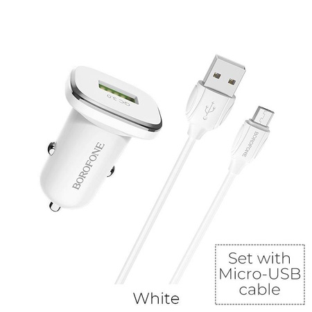 Borofone - ładowarka samochodowa USB z QC3.0 i kablem micro USB w zestawie, biały (BFO-BZ12A-M-W)