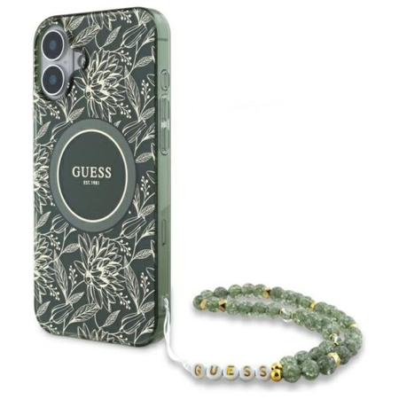 Guess IML Flowers Allover Electro With Pearl Strap MagSafe - Etui iPhone 16 Plus (zielony) (GUHMP16MHCPOFPA)