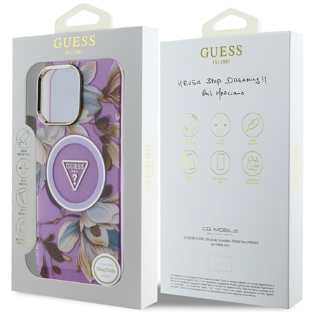 Guess Glitter Flowers Triangle Buttons MagSafe - Etui do iPhone 16 Pro Max (fioletowy) (GUHMP16XHFLPEDU)