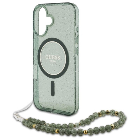 Guess IML Glitter With Pearl Strap MagSafe - Etui iPhone 16 Plus (zielony) (GUHMP16MHGCRELSA)