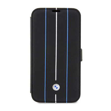 BMW Booktype Leather Stamp Blue Lines - Etui iPhone 14 Pro Max (czarny) (BMBKP14X22RVSK)