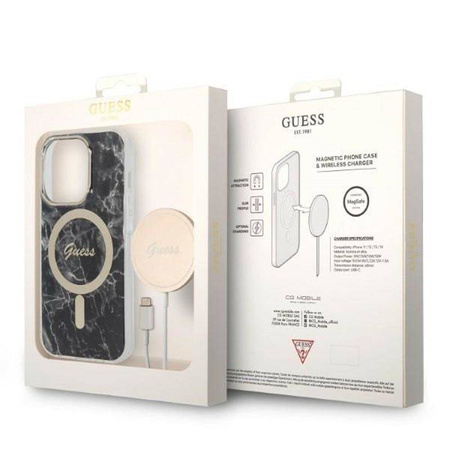 Guess Bundle Pack MagSafe IML Marble - Zestaw etui + ładowarka MagSafe iPhone 14 Pro (czarny/złoty) (GUBPP14LHMEACSK)