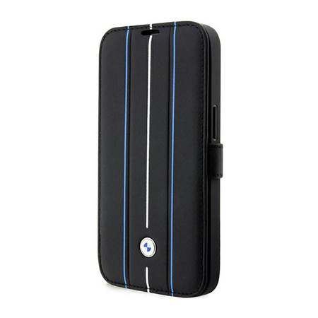 BMW Booktype Leather Stamp Blue Lines - Etui iPhone 14 Pro Max (czarny) (BMBKP14X22RVSK)