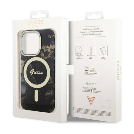 Guess Golden Marble MagSafe - Etui iPhone 14 Pro Max (Czarny) (GUHMP14XHTMRSK)