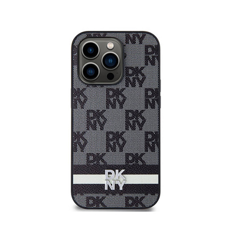 DKNY Leather Checkered Mono Pattern & Printed Stripes - Etui iPhone 14 Pro (czarny) (DKHCP14LPCPTSSK)