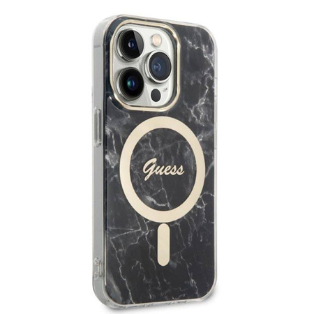 Guess Bundle Pack MagSafe IML Marble - Zestaw etui + ładowarka MagSafe iPhone 14 Pro (czarny/złoty) (GUBPP14LHMEACSK)
