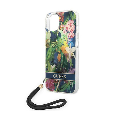 Guess Flower Cord - Etui ze smyczką iPhone 14 Plus (niebieski) (GUOHCP14MHFLSB)